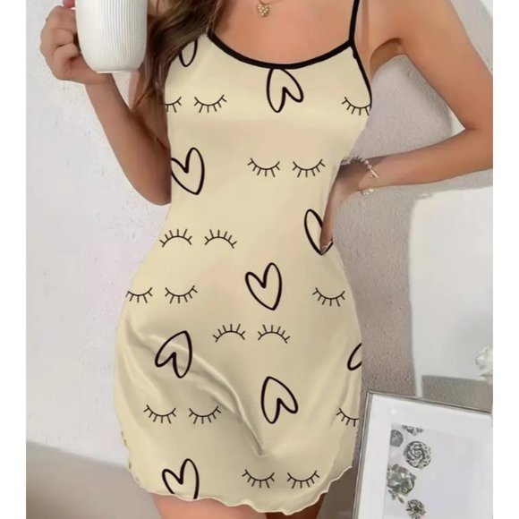 Eyelash Print Lettuce Trim Slip Nightdress, Round Neck Spaghetti Strap Easy Care - Picture 3 of 4